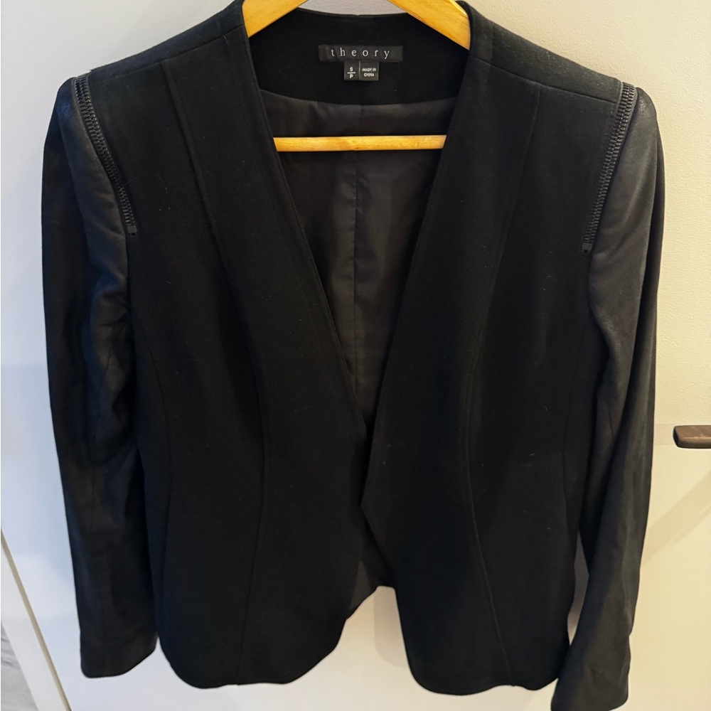 Theory black blazer with leather sleeves and zipper detail, size S